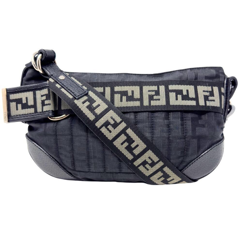 Fendi Baguette Bag Purse RARE FF Logo Zucca Shoulder Black Leather Canvas Zip - Picture 3 of 11